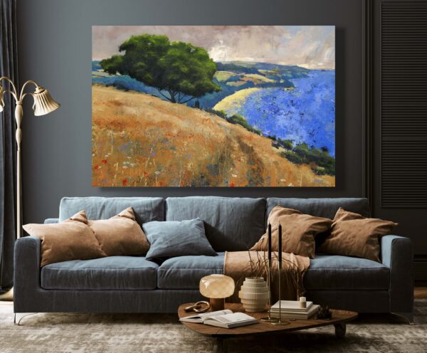 Modern home interior mock-up with dark blue sofa, table and decor in living room